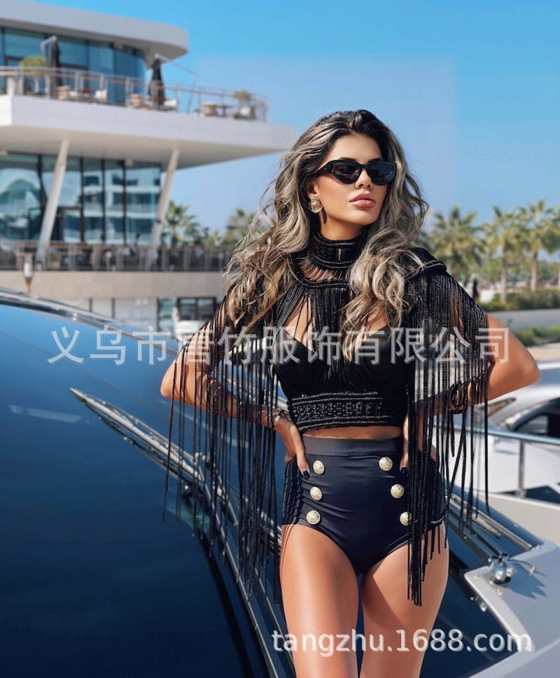 Hand Crochet Knitted Women Bikini Cover Ups 2024 Summer Holiday Beach Bathing Suit Sexy Hollow Out Skirts Matching Set A04black One Size