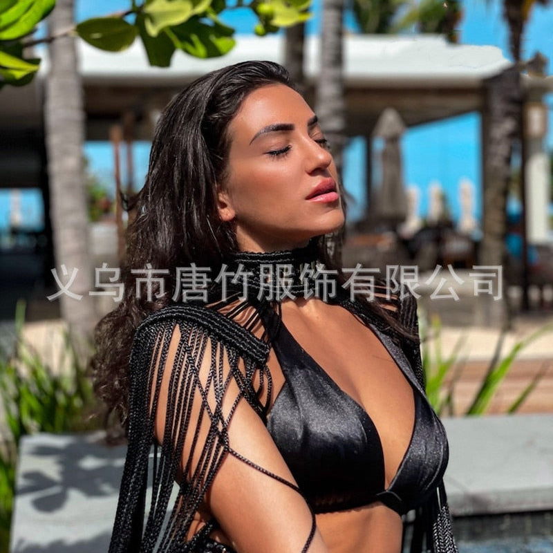 Hand Crochet Knitted Women Bikini Cover Ups 2024 Summer Holiday Beach Bathing Suit Sexy Hollow Out Skirts Matching Set A02black One Size