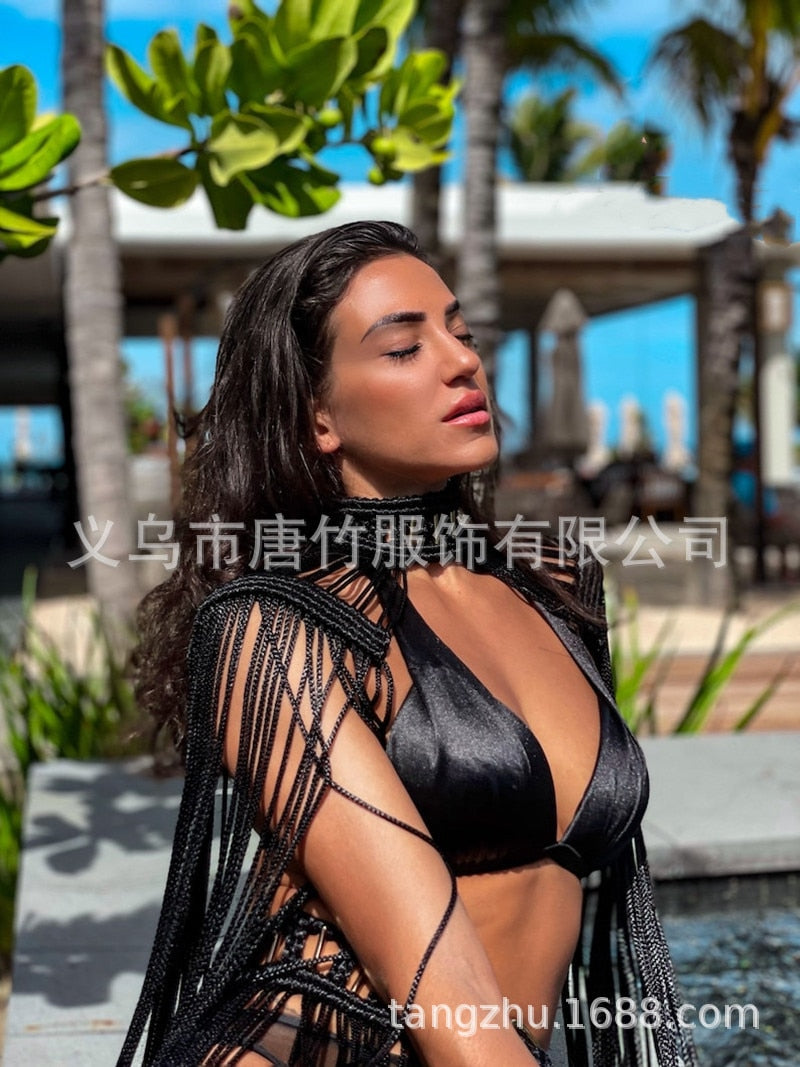 Hand Crochet Knitted Women Bikini Cover Ups 2024 Summer Holiday Beach Bathing Suit Sexy Hollow Out Skirts Matching Set A02black One Size