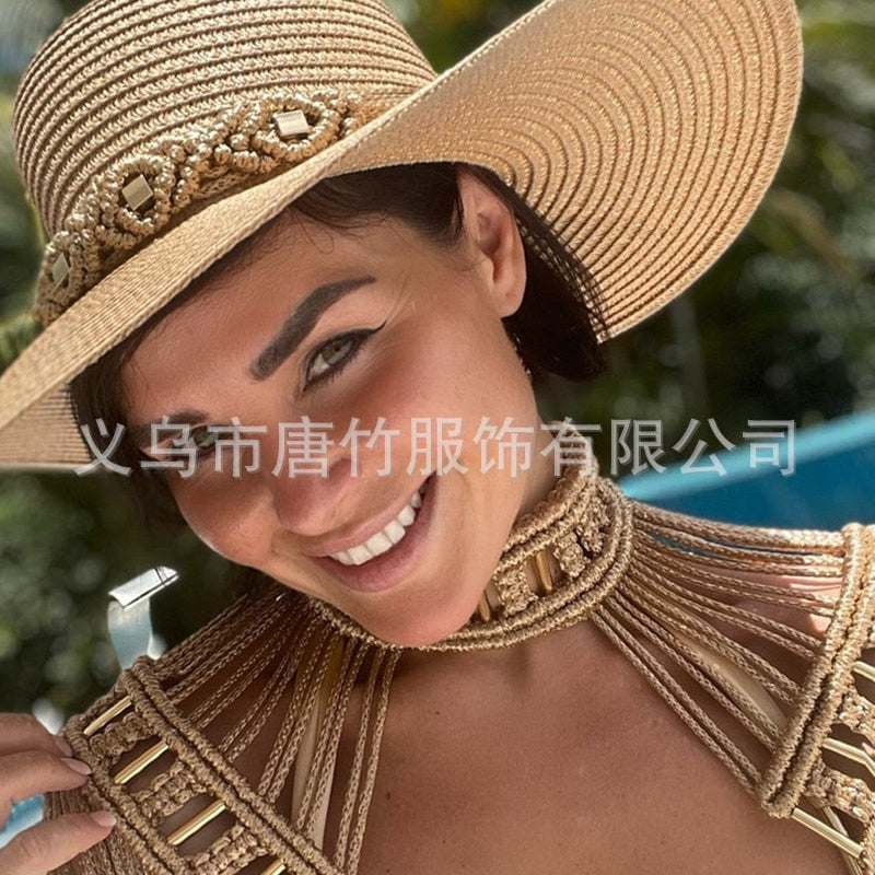 Hand Crochet Knitted Women Bikini Cover Ups 2024 Summer Holiday Beach Bathing Suit Sexy Hollow Out Skirts Matching Set A03khaki One Size