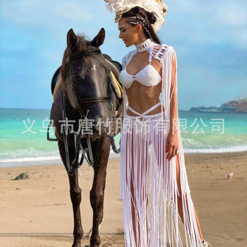 Hand Crochet Knitted Women Bikini Cover Ups 2024 Summer Holiday Beach Bathing Suit Sexy Hollow Out Skirts Matching Set A03white One Size