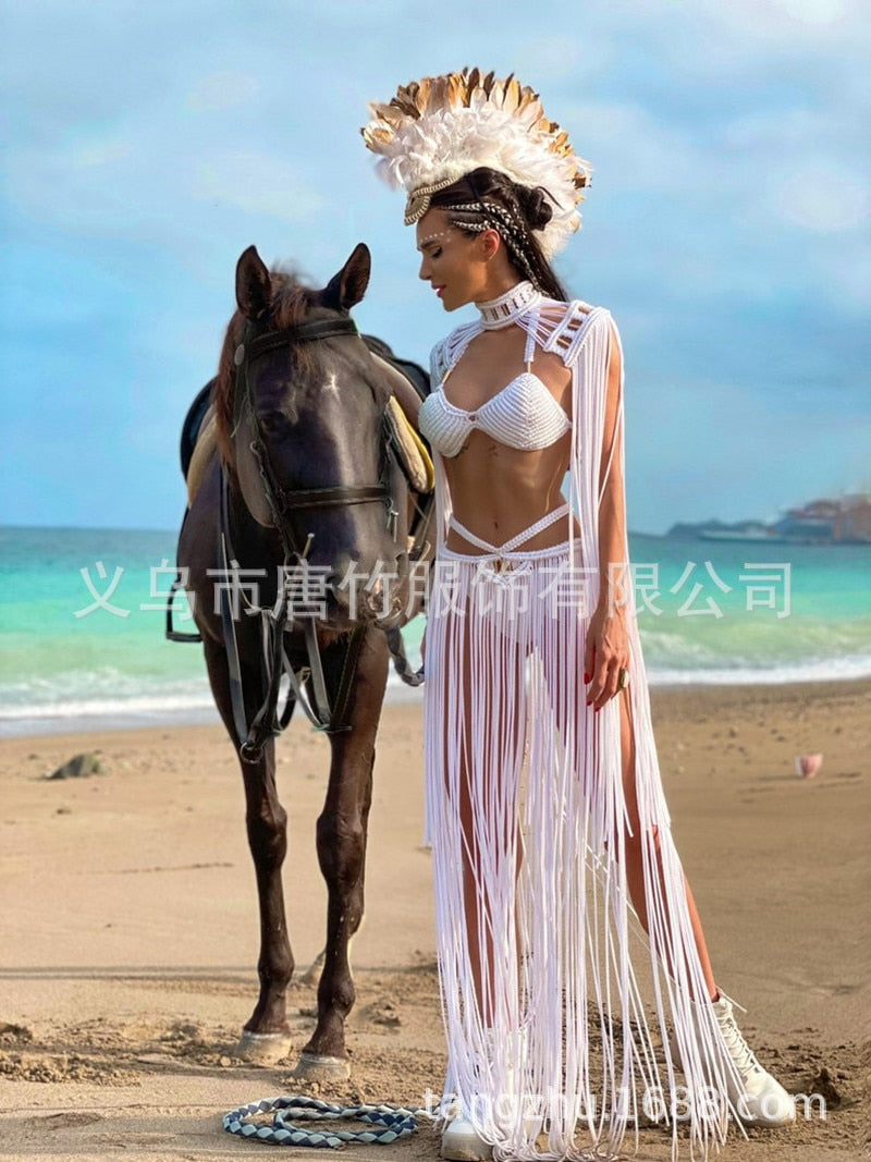 Hand Crochet Knitted Women Bikini Cover Ups 2024 Summer Holiday Beach Bathing Suit Sexy Hollow Out Skirts Matching Set A03white One Size