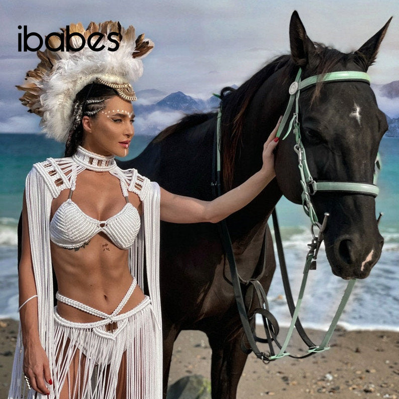 Hand Crochet Knitted Women Bikini Cover Ups 2024 Summer Holiday Beach Bathing Suit Sexy Hollow Out Skirts Matching Set