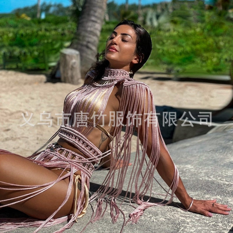 Hand Crochet Knitted Women Bikini Cover Ups 2024 Summer Holiday Beach Bathing Suit Sexy Hollow Out Skirts Matching Set A04pink One Size