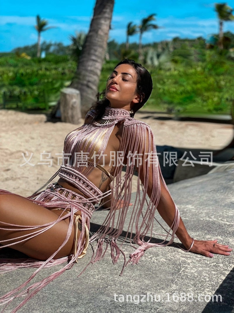 Hand Crochet Knitted Women Bikini Cover Ups 2024 Summer Holiday Beach Bathing Suit Sexy Hollow Out Skirts Matching Set A04pink One Size