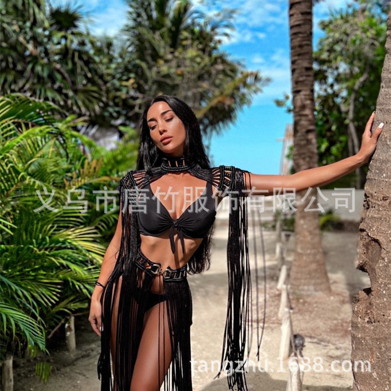 Hand Crochet Knitted Women Bikini Cover Ups 2024 Summer Holiday Beach Bathing Suit Sexy Hollow Out Skirts Matching Set A03black One Size