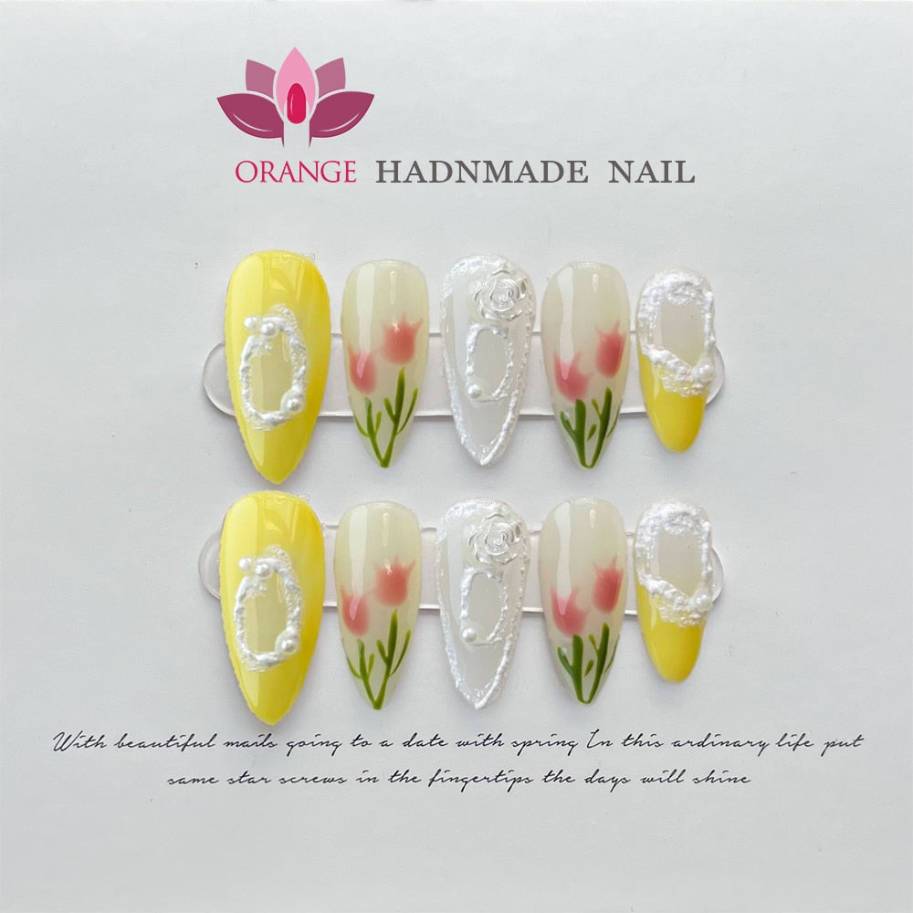 Handmade Acrylic Press on Nail With 3d Designs Full Cover Coffin Head Manicuree With Butterfly Decoration Nail Art Wearable Nail