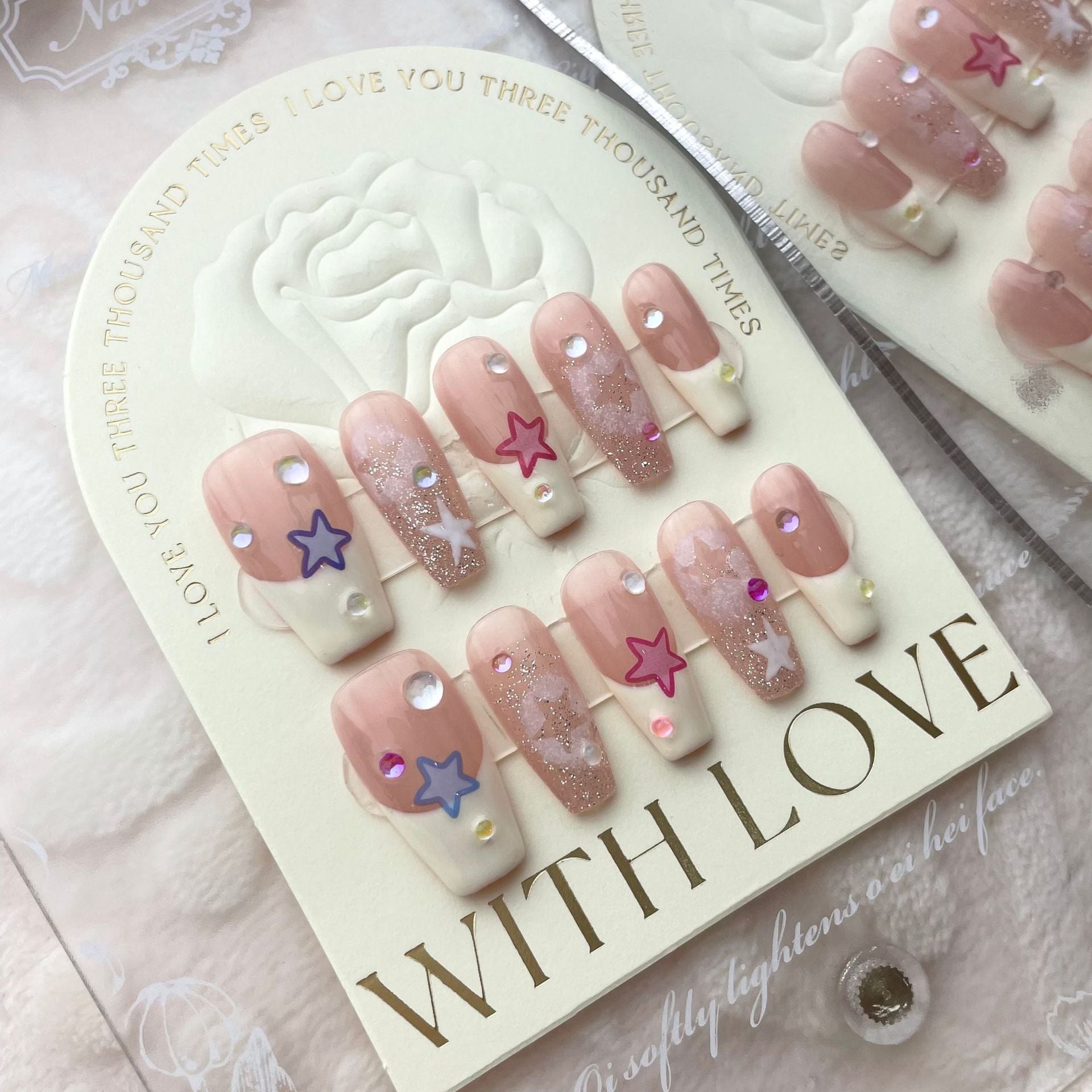 Handmade Barbie French False Press On Nails With Rhinestones Full Cover Ballerina Korean Manicuree Decoration Wearable Artificial Nails