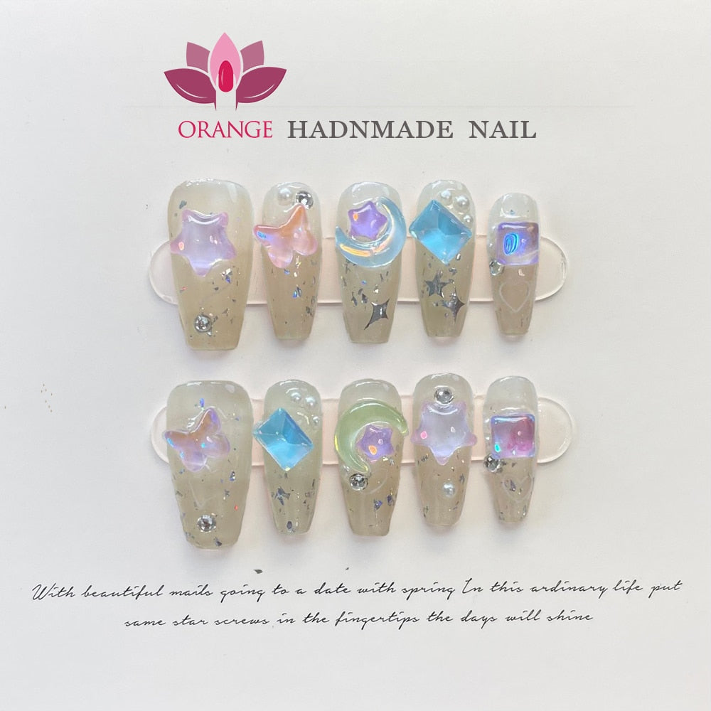 Handmade Beauty Nails Pressed on Design Decoration Fake Nails Design Full Cover Artificial Manicuree Wearable Orange Nail Store AMAIO