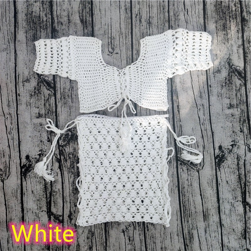 Handmade Crochet Bikini Beach Shirt Mini Skirt Suit White