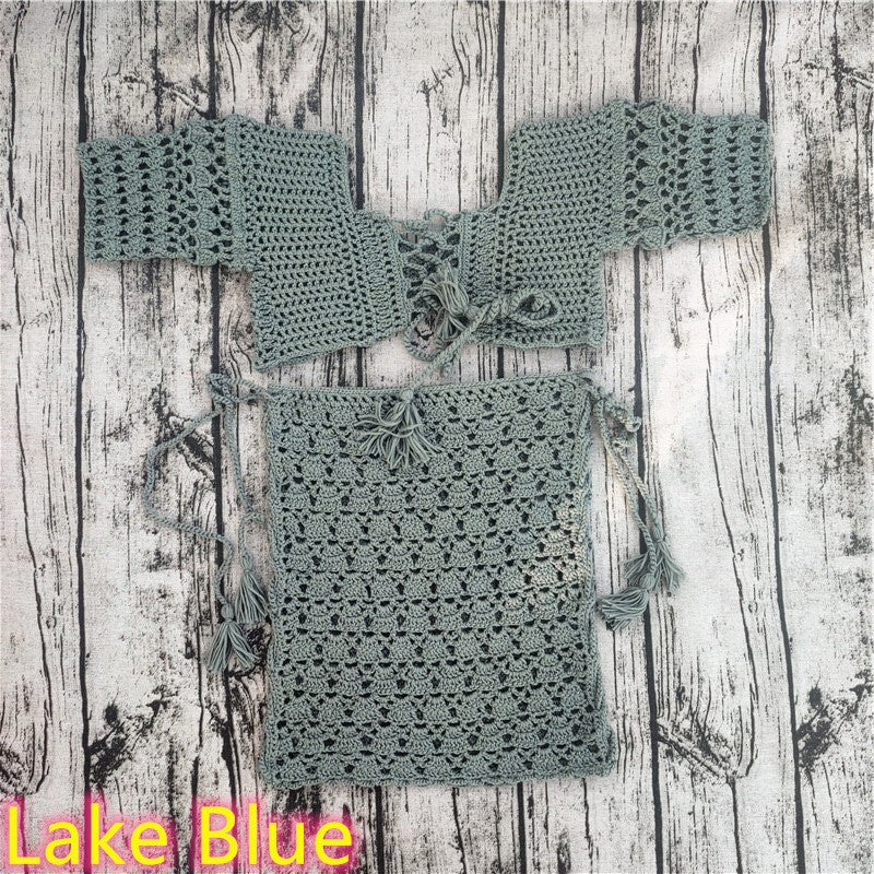 Handmade Crochet Bikini Beach Shirt Mini Skirt Suit Lake Green