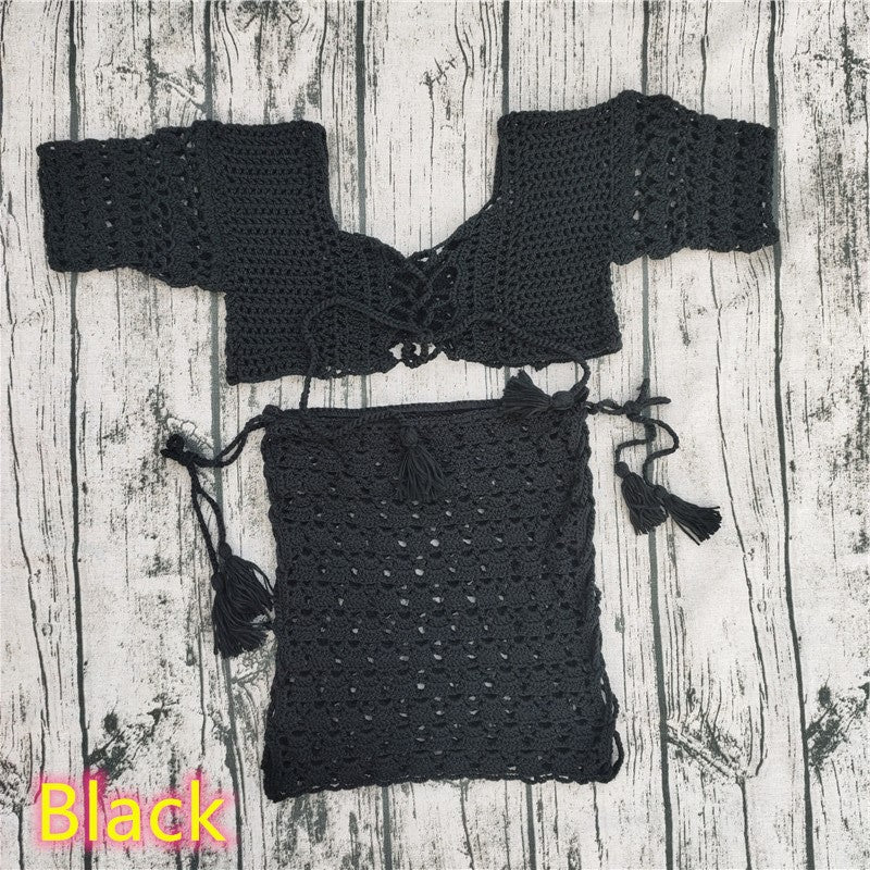 Handmade Crochet Bikini Beach Shirt Mini Skirt Suit Black