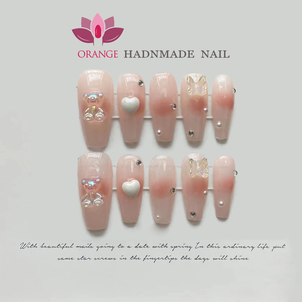 Handmade French Fake Nail Press On With Glue Designed Coffin Full Cover Manicuree Wearable Nail Art For Girls XS S M L Size Nail