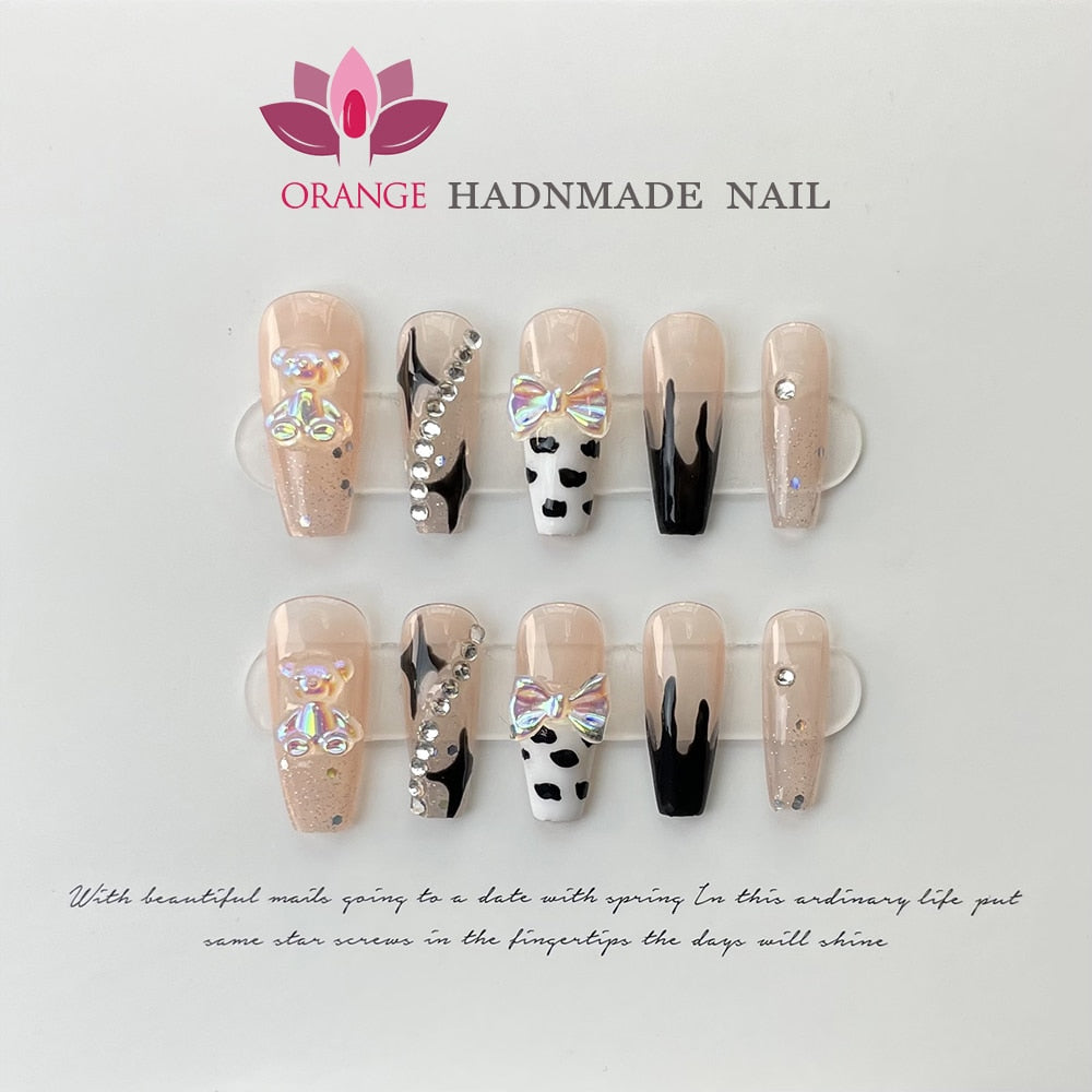 Handmade French Fake Nail Press On With Glue Designed Coffin Full Cover Manicuree Wearable Nail Art For Girls XS S M L Size Nail