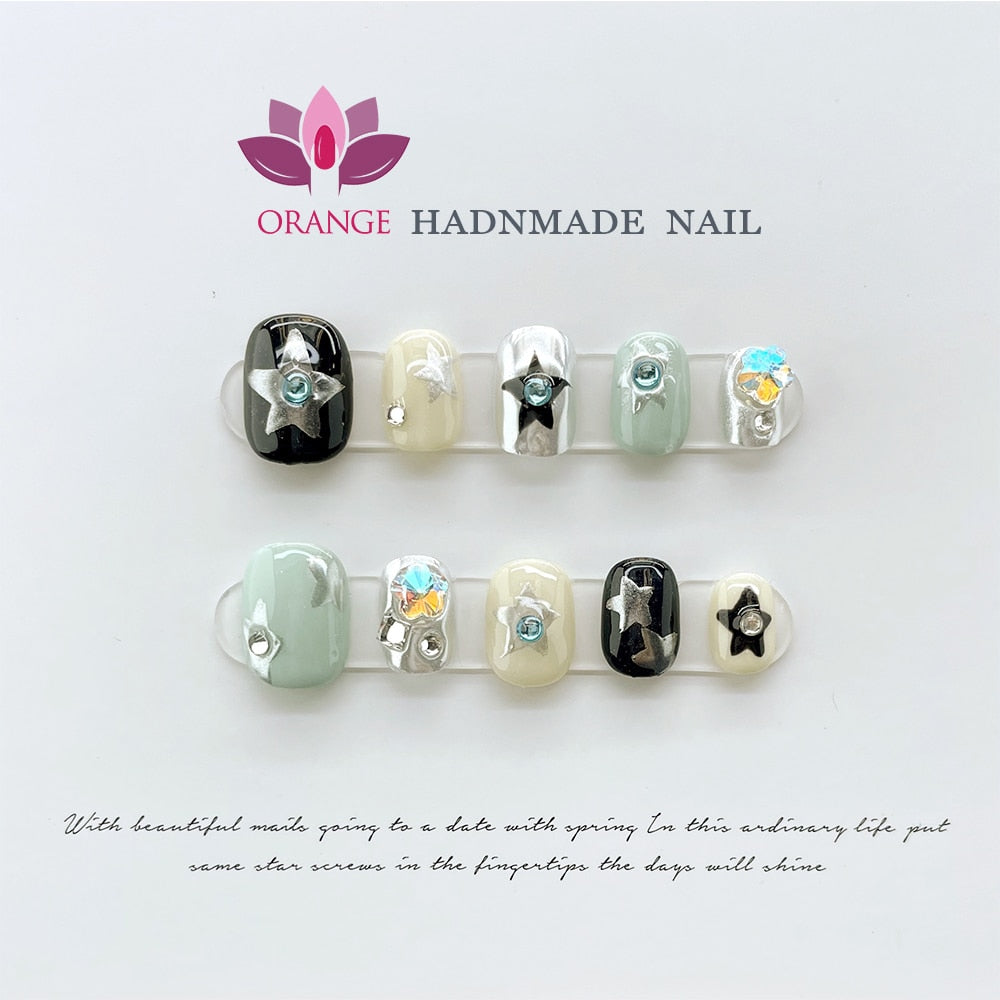 Handmade Gothic Short Press on Naile Rhinestone Round Head Manicuree Decoration Wearable Full With Design Acrylic Nail For Girls