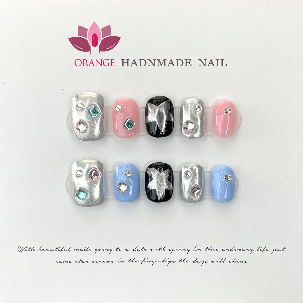 Handmade Gothic Short Press on Naile Rhinestone Round Head Manicuree Decoration Wearable Full With Design Acrylic Nail For Girls