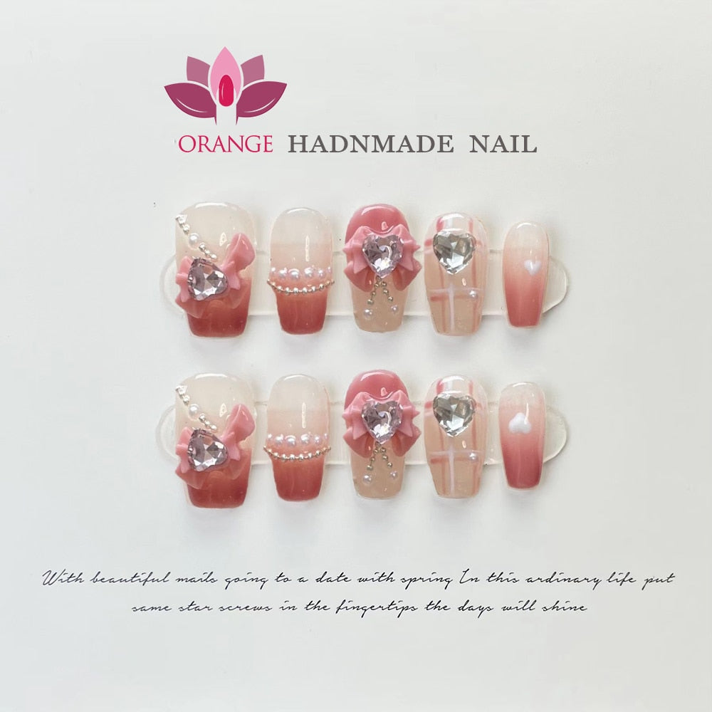 Handmade Korea Press on Nails Coffin Reusable Decoration Fake Nails Full Cover Artificial Manicuree Wearable Orange Nail Store