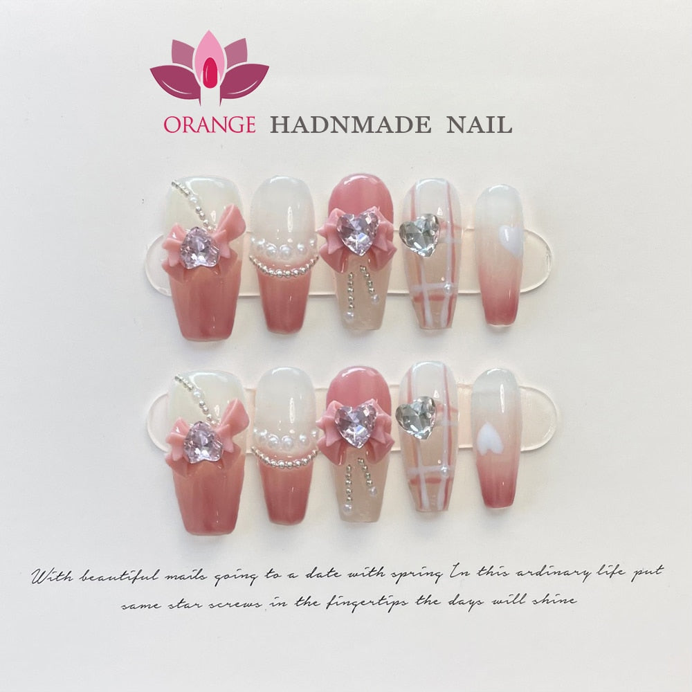 Handmade Korea Press on Nails Coffin Reusable Decoration Fake Nails Full Cover Artificial Manicuree Wearable Orange Nail Store