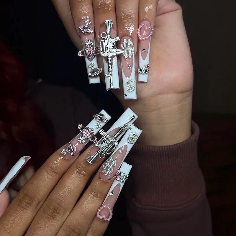 Handmade Luxury 3XL Full Cover False Nail Tips Glittery Rhinestone Press On Nails Y2K Reusable XXL XL Long Fake Nail With Glue Style15 SizeM