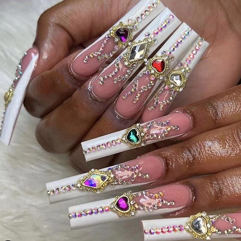 Handmade Luxury 3XL Full Cover False Nail Tips Glittery Rhinestone Press On Nails Y2K Reusable XXL XL Long Fake Nail With Glue Style16 SizeM