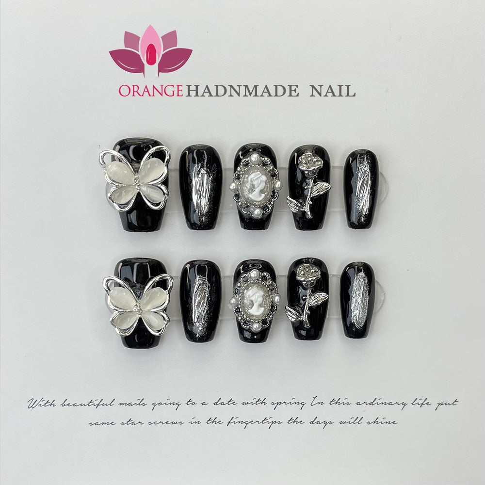 Handmade Luxury Press On Nails Rhinestone Coffin Head Manicuree Decoration Wearable Full With Design Acrylic Nail For Wedding