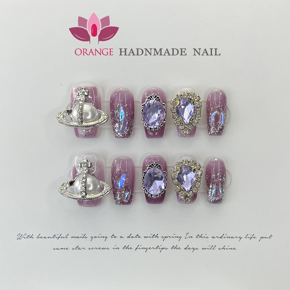 Handmade Luxury Press On Nails WIth Rinestone Fake Manicuree Decoration Wearable Full Cover With Design Acrylic Nail For Girls