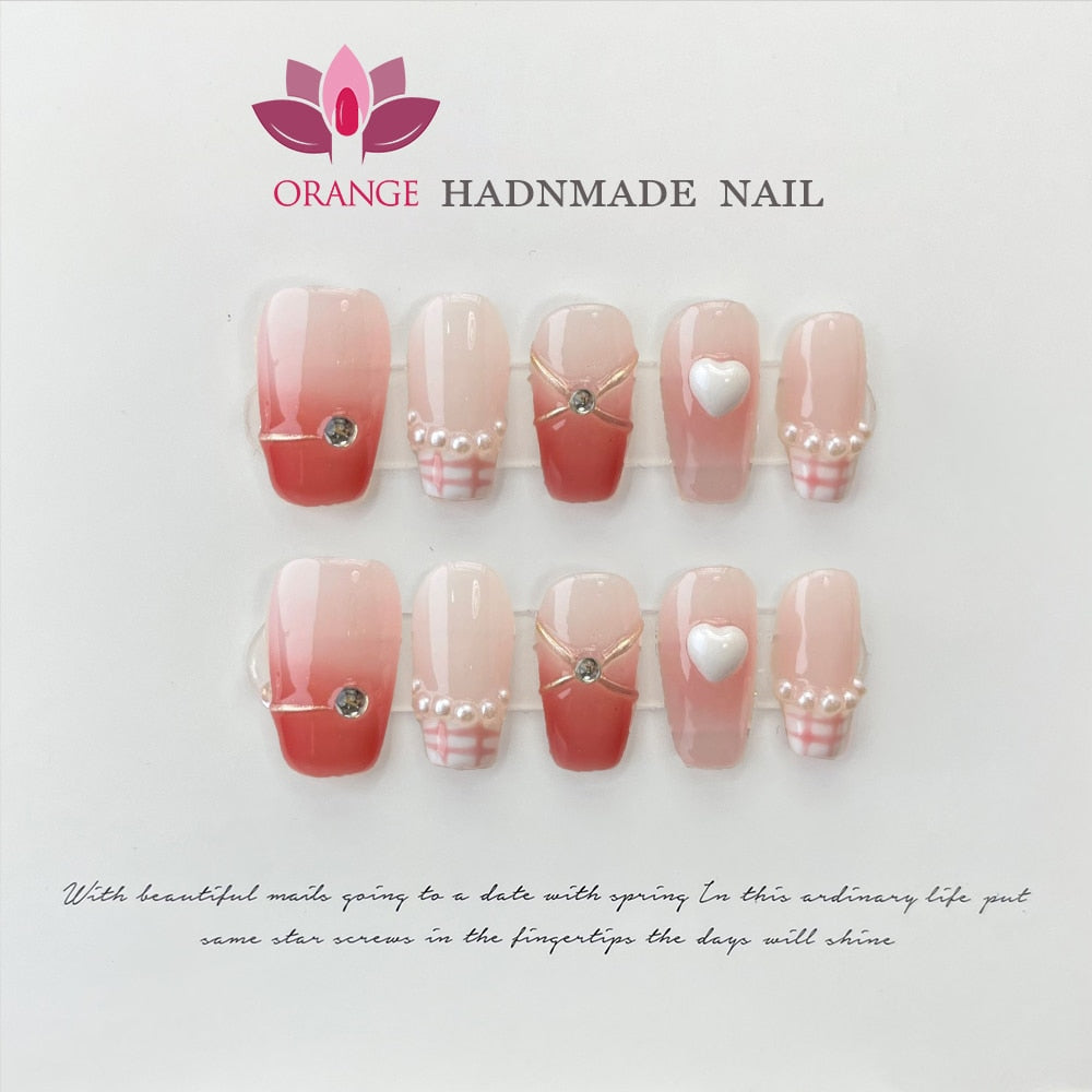 Handmade Medium Length Press On Full Cover Pink Coffin Head Manicuree Decoration Wearable With Design Acrylic Nails For Girls