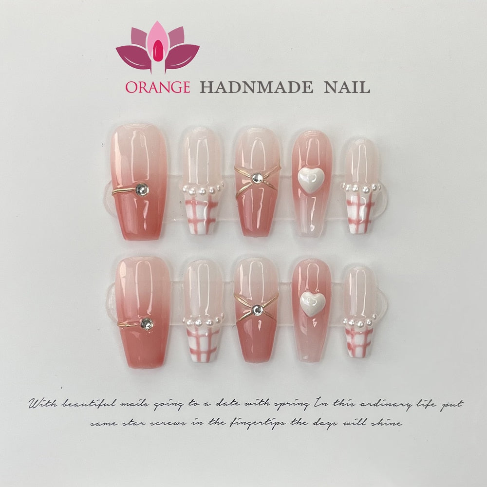 Handmade Medium Length Press On Full Cover Pink Coffin Head Manicuree Decoration Wearable With Design Acrylic Nails For Girls
