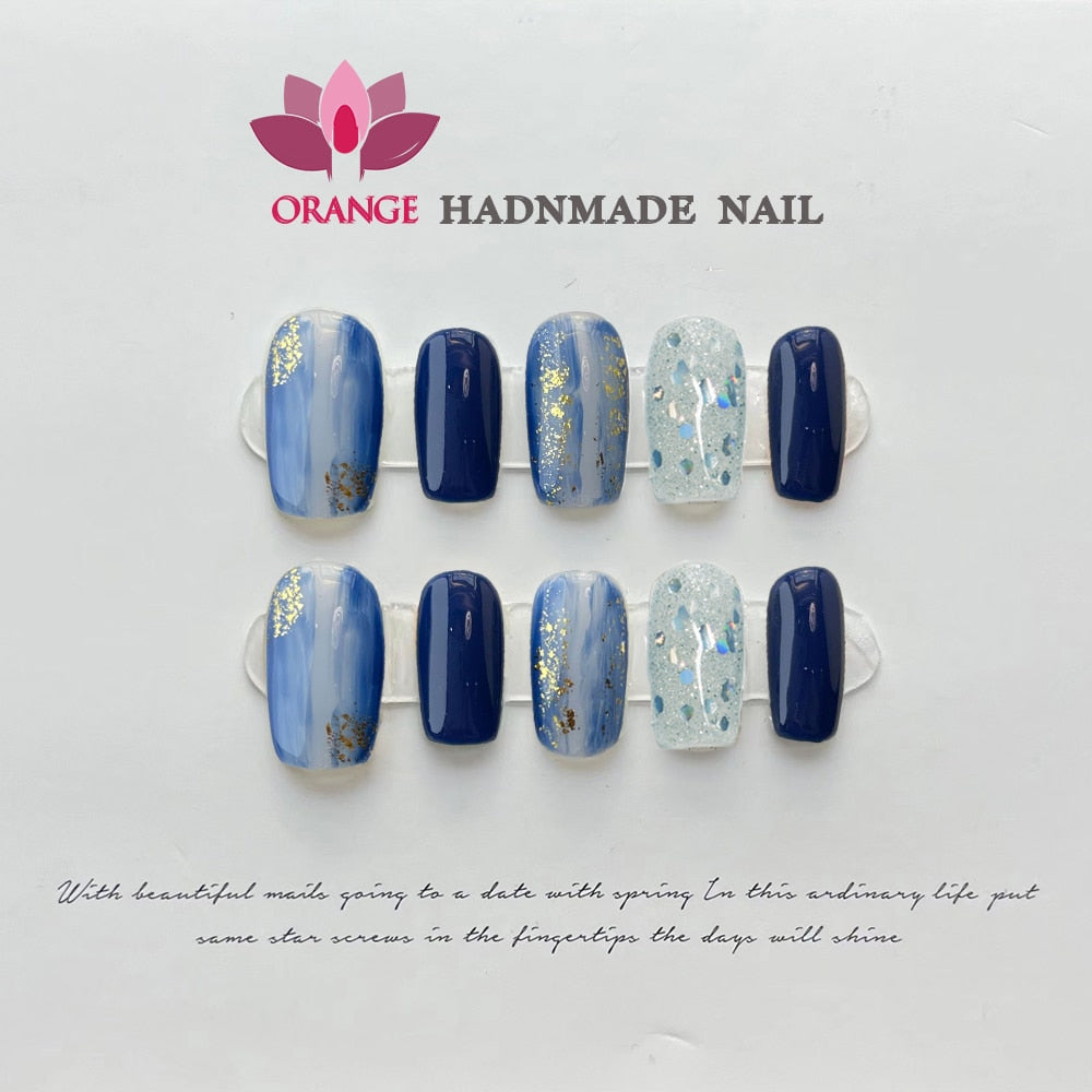 Handmade Oval Press On Nails With Design Reusable Glitter Fake Nails Full Cover Artificial Manicuree Wearable Orange Nail Store