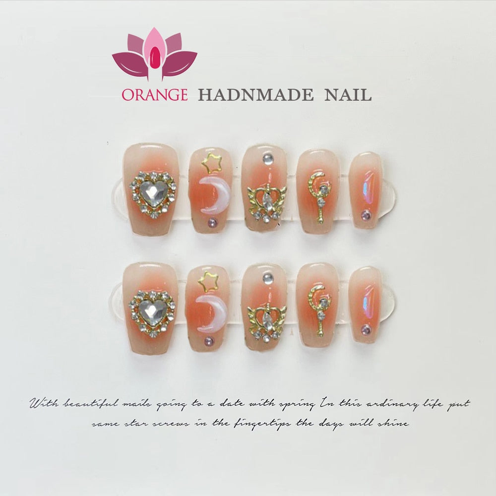 Handmade Press on Nails Glitter Rhinestone3d Charms False Nails With Designed Fingernail Fake Nail With Glue Acrylic Nail Tips