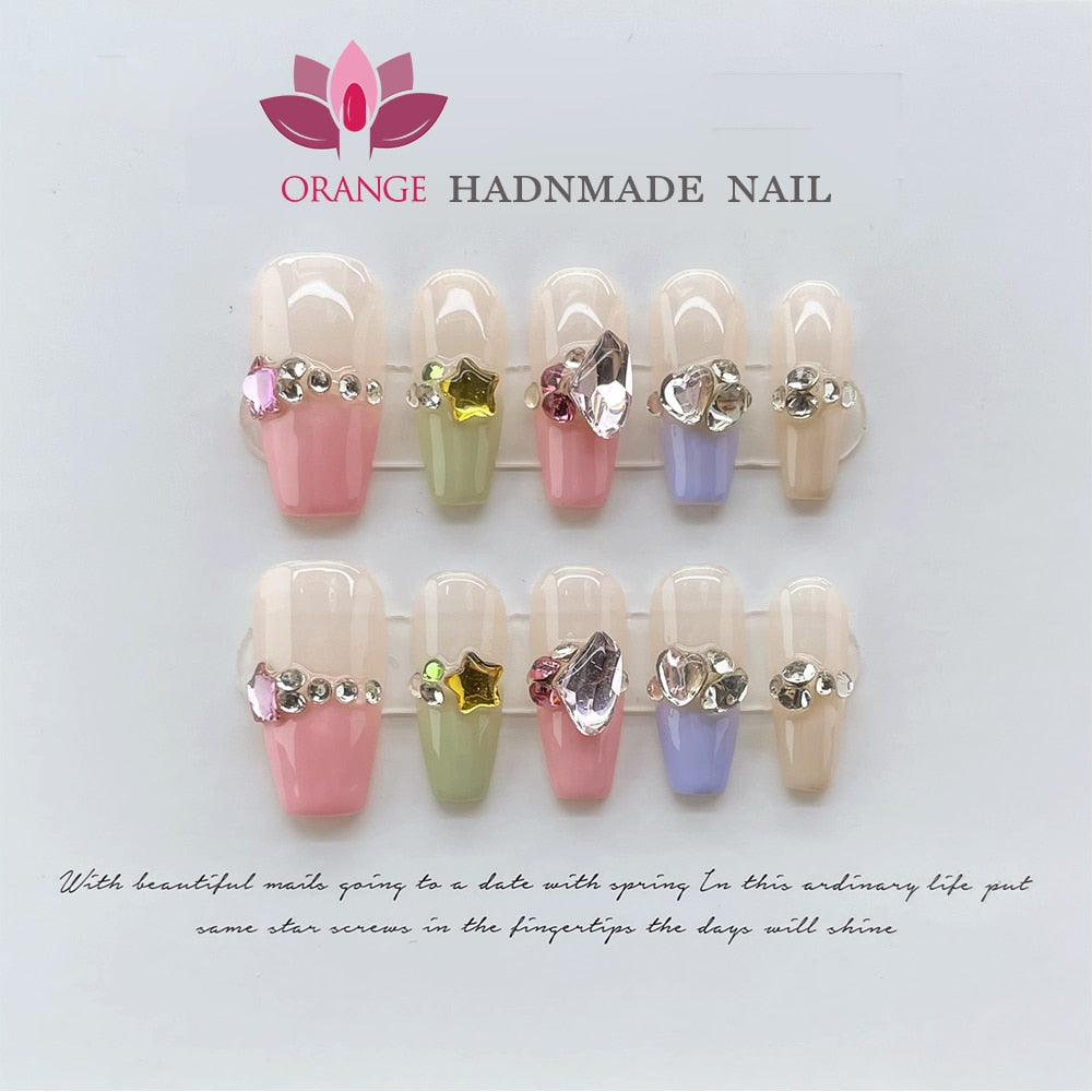 Handmade Short Press On Nails With Designs Reusable Fake Nails Glitter Full Cover Wearable Artificial Nails XS S M L Size Nails