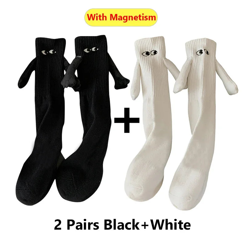 Harajuku Couple Cotton Sock 2 Pairs Magnetic Suction Hand In Hand Socks Black White Unisex Holding Hands Long Socks d a