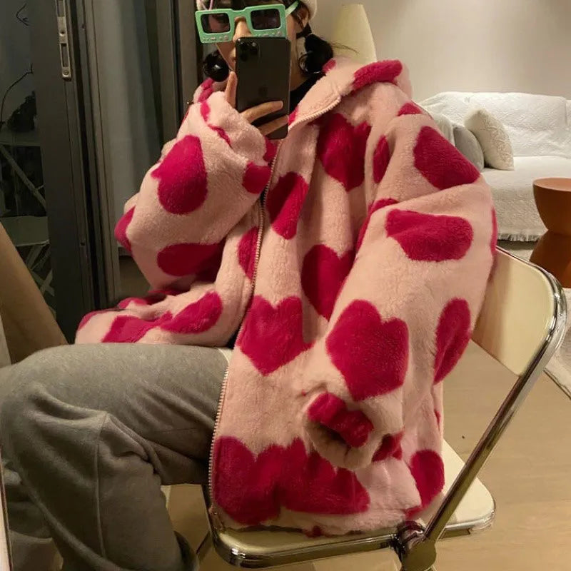 Harajuku Heart-shaped Print Plush Jacket Women Winter 2022 Korean Long Sleeve Hooded Coat Thick Warm Couple Streetwear Outerwear