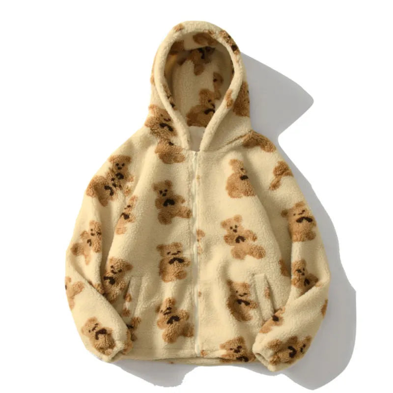 Harajuku Heart-shaped Print Plush Jacket Women Winter 2022 Korean Long Sleeve Hooded Coat Thick Warm Couple Streetwear Outerwear Beige