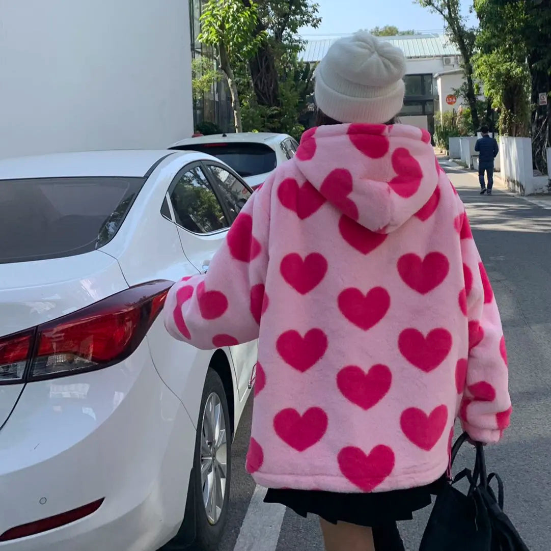 Harajuku Heart-shaped Print Plush Jacket Women Winter 2022 Korean Long Sleeve Hooded Coat Thick Warm Couple Streetwear Outerwear