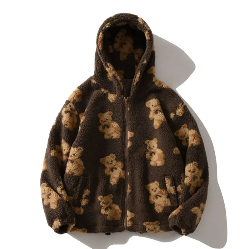 Harajuku Heart-shaped Print Plush Jacket Women Winter 2022 Korean Long Sleeve Hooded Coat Thick Warm Couple Streetwear Outerwear Brown