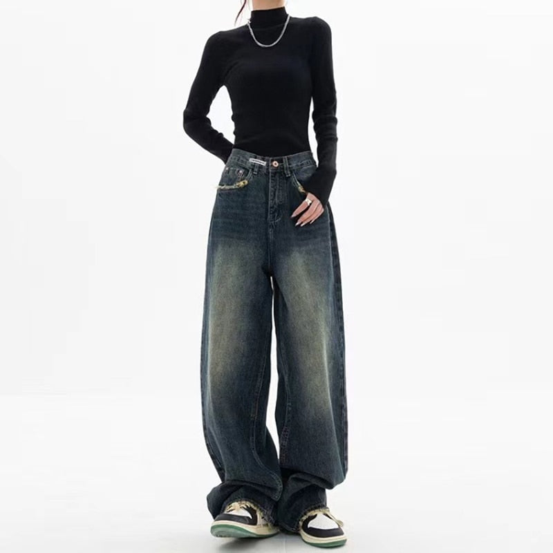 Harajuku Retro Washed Vintage Streeetwear Y2K Baggy Pants Fashion Women High Waist Jeans Wide Leg Straight Loose Denim Trousers AMAIO