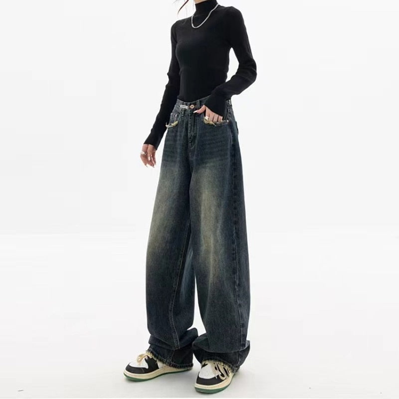 Harajuku Retro Washed Vintage Streeetwear Y2K Baggy Pants Fashion Women High Waist Jeans Wide Leg Straight Loose Denim Trousers