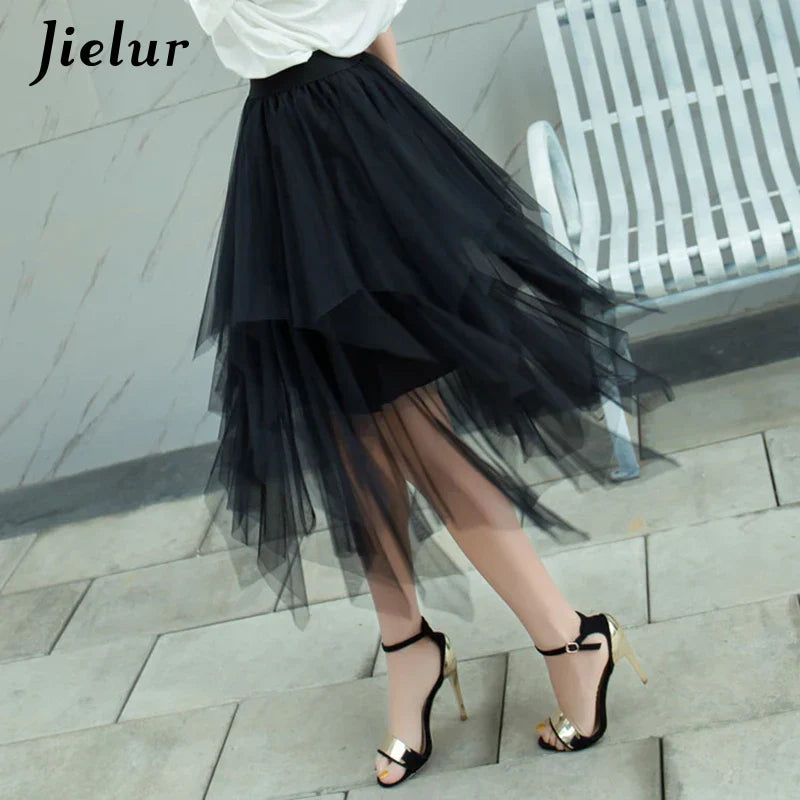 Jielur Skirts Womens Autumn 3 Layers Princess Tulle Mesh Pleated Skirt Saia Female Jupe Summer Tutu Skirts Faldas Mujer Moda Black One Size