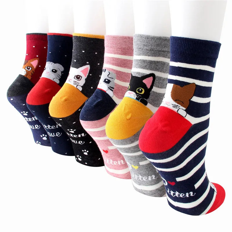 Women Striped Cartoon Socks Autumn Winter Colorful Cat Face Cotton Sock Ladies Female Funny Animal Cotton Sock For lady Girls