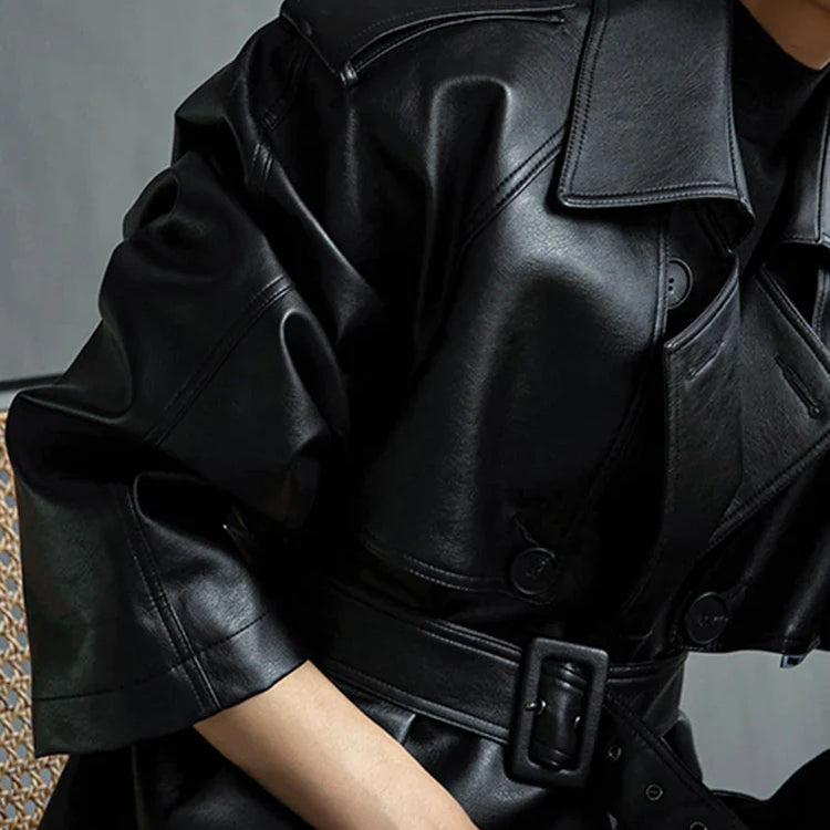 Autumn Extra Long Oversized Black Faux Leather Trench Coat for Women Long Sleeve Belt Double Breasted Loose Fashion 2021