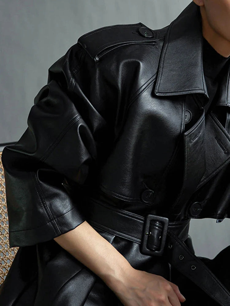Autumn Extra Long Oversized Black Faux Leather Trench Coat for Women Long Sleeve Belt Double Breasted Loose Fashion 2021