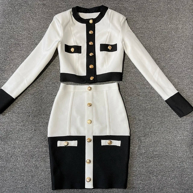 2024 New Patchwork Black White O Neck Long Sleeves With Pockets Buttons Two Pieces Bandage Skirt Women Set WHITE