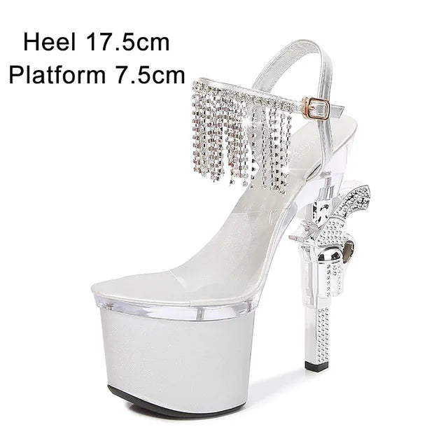 Fashion Super High Heels 17cm Women Shoes Platform Sandals Pistol Heel Red Wedding Shoes Female Model Show Sandal silver