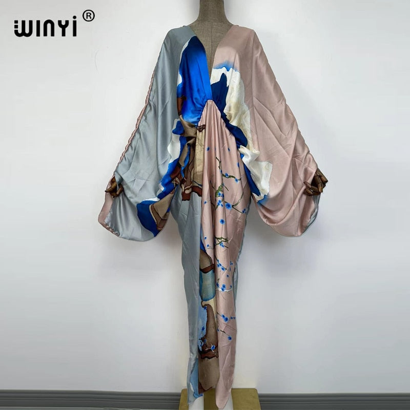 Sexy bech high-quality hand-rolled feel silk rayon fashion print 2024 WINYI Maxi Women's robes long beach V-neck Bohemian dress 7 One Size
