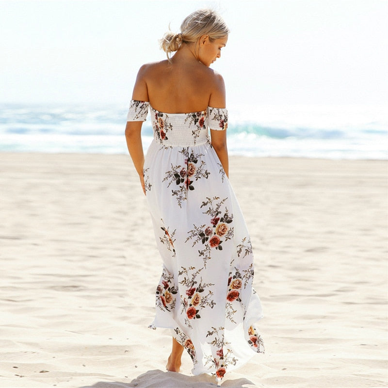 Sexy floral Dress Summer Split Maxi Beach Sundress Off Backless Dress Boho Long Dresses Vestidos Femme
