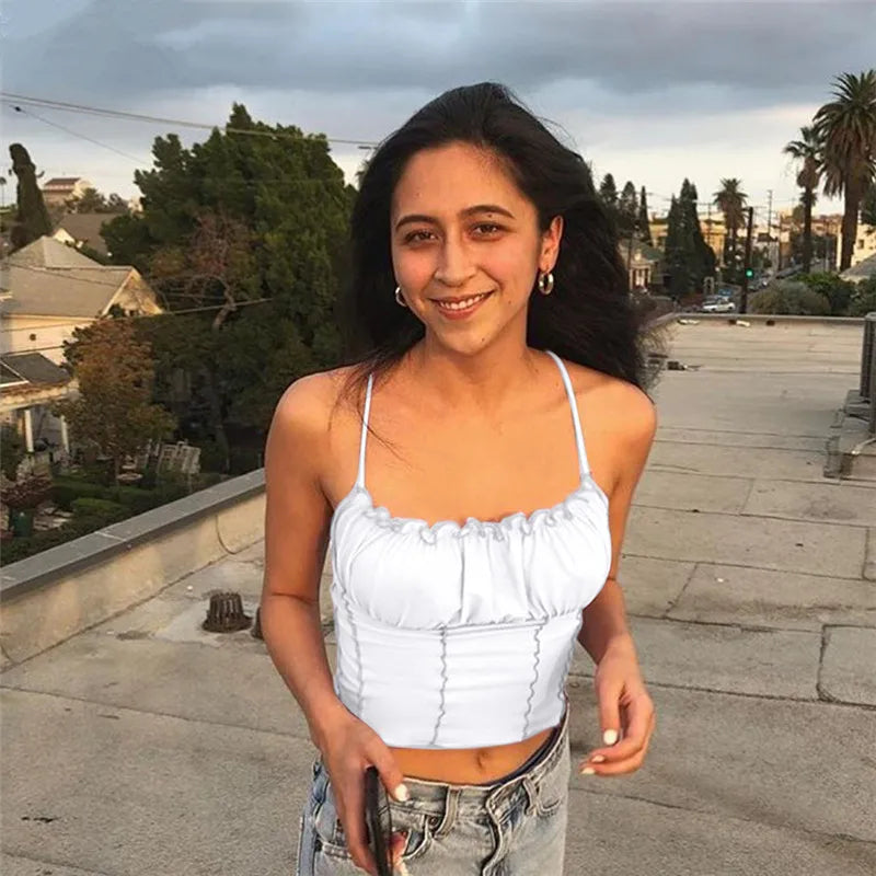 Sexy Summer Women Ruffles Tank Top Fashion Ladies Sleeveless Strapless Ruched Slim Crop Top Camisole Female Clothing Tanks