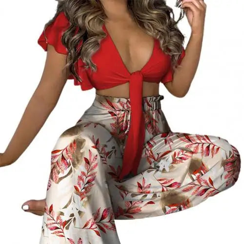2pcs/Set Boho Outfits Women Pant Suits Vibrant Color Short Sleeve Short Crop Top Loose Long Pants two piece set Women Tracksuits Red
