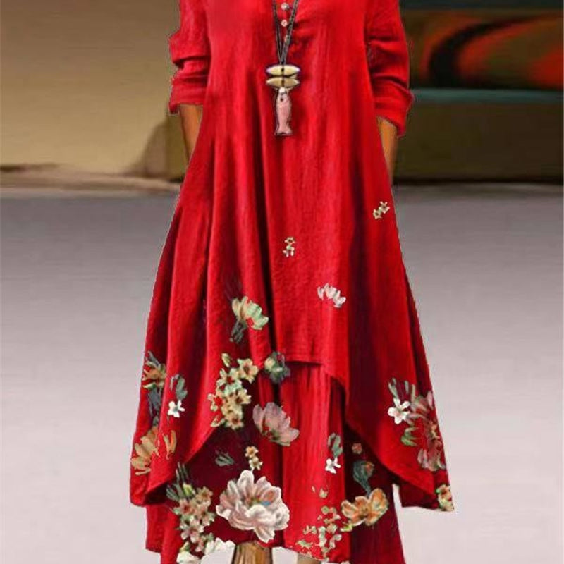 Summer Floral Print Long Sleeve Dresses Women O Neck Buttons Irregular Hem Maxi Dress Loose Plus Size Party Vestidos Long Dress Red