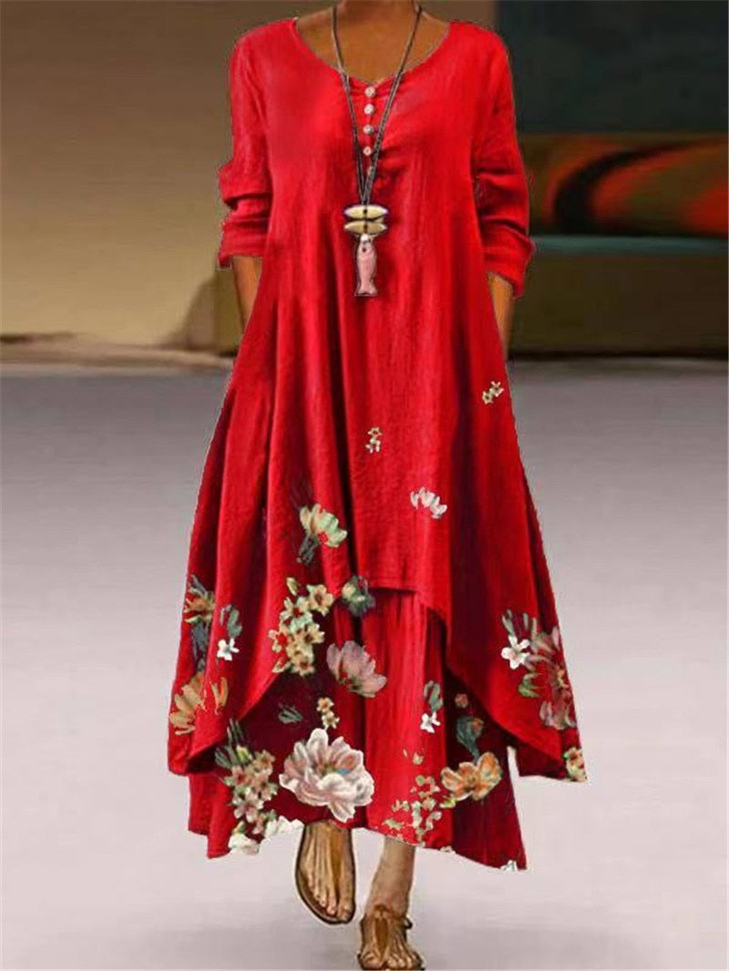 Summer Floral Print Long Sleeve Dresses Women O Neck Buttons Irregular Hem Maxi Dress Loose Plus Size Party Vestidos Long Dress Red